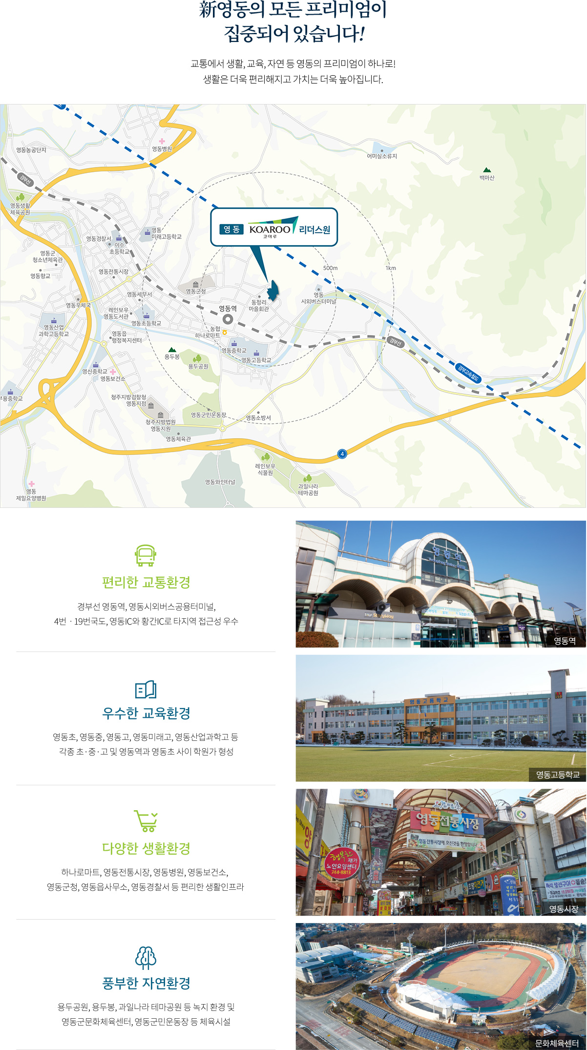 
			新영동의 모든 프리미엄이 집중되어 있습니다!

			교통에서 생활, 교육, 자연 등 영동의 프리미엄이 하나로! 
			생활은 더욱 편리해지고 가치는 더욱 높아집니다. 

			[편리한 교통환경]
			경부선 영동역, 영동시외버스공용터미널, 4번ㆍ19번국도, 영동IC와 황간IC로 타지역 접근성 우수

			[우수한 교육환경]
			영동초, 영동중, 영동고, 영동미래고, 영동산업과학고 등 각종 초·중·고 및 영동역과 영동초 사이 학원가 형성

			[다양한 생활환경]
			하나로마트, 영동전통시장, 영동병원, 영동보건소,  영동군청, 영동읍사무소, 영동경찰서 등 편리한 생활인프라

			[풍부한 자연환경]
			용두공원, 용두봉, 과일나라 테마공원 등 녹지 환경 및 영동군문화체육센터, 영동군민운동장 등 체육시설 
			