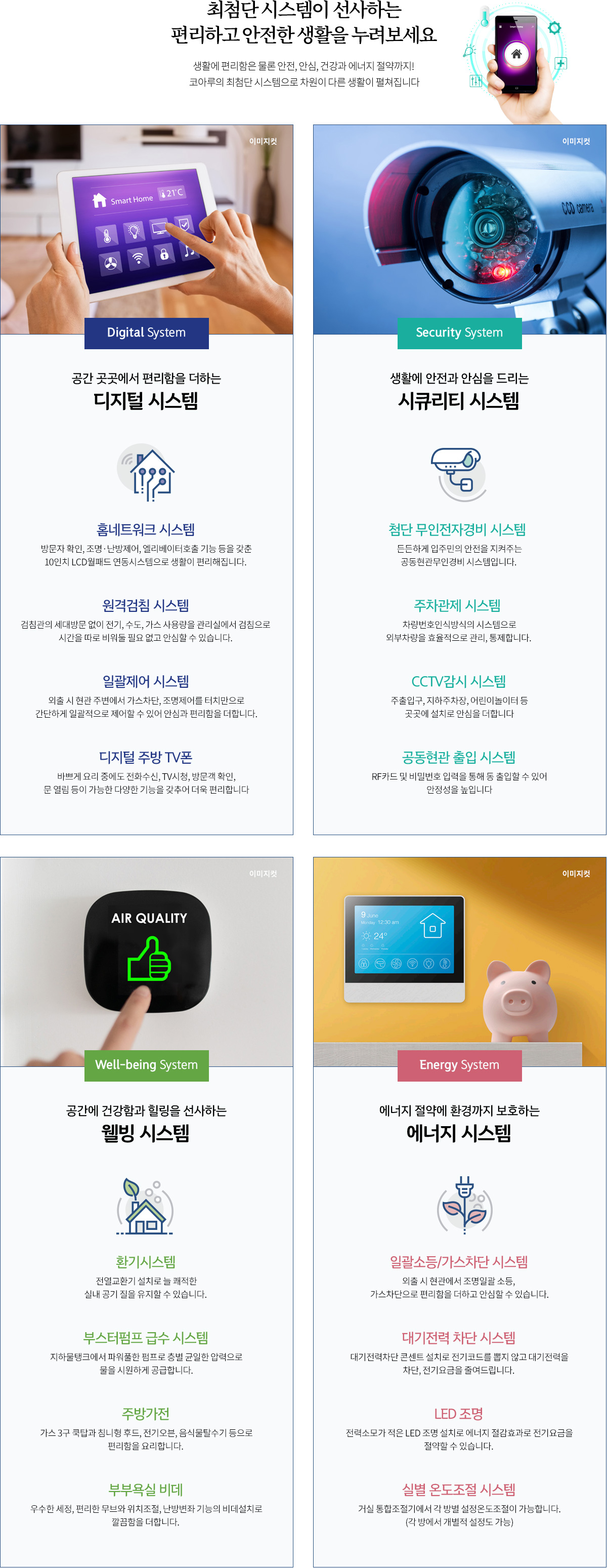 
			최첨단 시스템이 선사하는 편리하고 안전한 생활을 누려보세요 

			생활에 편리함은 물론 안전, 안심, 건강과 에너지 절약까지!  
			코아루의 최첨단 시스템으로 차원이 다른 생활이 펼쳐집니다
			
			[Digital System]
			공간 곳곳에서 편리함을 더하는 디지털 시스템
			- 홈네트워크 시스템
			방문자 확인, 조명·난방제어, 엘리베이터호출 기능 등을 갖춘 10인치 LCD월패드 연동시스템으로 생활이 편리해집니다.
			- 원격검침 시스템
			검침관의 세대방문 없이 전기, 수도, 가스 사용량을 관리실에서 검침으로  시간을 따로 비워둘 필요 없고 안심할 수 있습니다.
			- 일괄제어 시스템
			외출 시 현관 주변에서 가스차단, 조명제어를 터치만으로 간단하게 일괄적으로 제어할 수 있어 안심과 편리함을 더합니다.
			- 디지털 주방 TV폰
			바쁘게 요리 중에도 전화수신, TV시청, 방문객 확인, 문 열림 등이 가능한 다양한 기능을 갖추어 더욱 편리합니다.
			
			[Security System]
			생활에 안전과 안심을 드리는 시큐리티 시스템
			- 첨단 무인전자경비 시스템 
			든든하게 입주민의 안전을 지켜주는 공동현관무인경비 시스템입니다. 
			- 주차관제 시스템 
			차량번호인식방식의 시스템으로 외부차량을 효율적으로 관리, 통제합니다.
			- CCTV감시 시스템
			주출입구, 지하주차장, 어린이놀이터 등 곳곳에 설치로 안심을 더합니다.
			- 공동현관 출입 시스템
			RF카드 및 비밀번호 입력을 통해 동 출입할 수 있어 안정성을 높입니다.
			
			[Well-being System]
			공간에 건강함과 힐링을 선사하는 웰빙 시스템
			- 환기시스템 
			전열교환기 설치로 늘 쾌적한 실내 공기 질을 유지할 수 있습니다.  
			- 부스터펌프 급수 시스템
			지하물탱크에서 파워풀한 펌프로 층별 균일한 압력으로 물을 시원하게 공급합니다.
			- 주방가전
			가스 3구 쿡탑과 침니형 후드, 전기오븐, 음식물탈수기 등으로 편리함을 요리합니다. 
			- 부부욕실 비데
			우수한 세정, 편리한 무브와 위치조절, 난방변좌 기능의 비데설치로 깔끔함을 더합니다.
			
			[Energy System]
			에너지 절약에 환경까지 보호하는 에너지 시스템
			- 일괄소등/가스차단 시스템
			외출 시 현관에서 조명일괄 소등, 가스차단으로 편리함을 더하고 안심할 수 있습니다.
			- 대기전력 차단 시스템
			대기전력차단 콘센트 설치로 전기코드를 뽑지 않고 대기전력을 차단, 전기요금을 줄여드립니다. 
			- LED 조명
			전력소모가 적은 LED 조명 설치로 에너지 절감효과로 전기요금을 절약할 수 있습니다. 
			- LED 조명
			거실 통합조절기에서 각 방별 설정온도조절이 가능합니다. (각 방에서 개별적 설정도 가능)
			